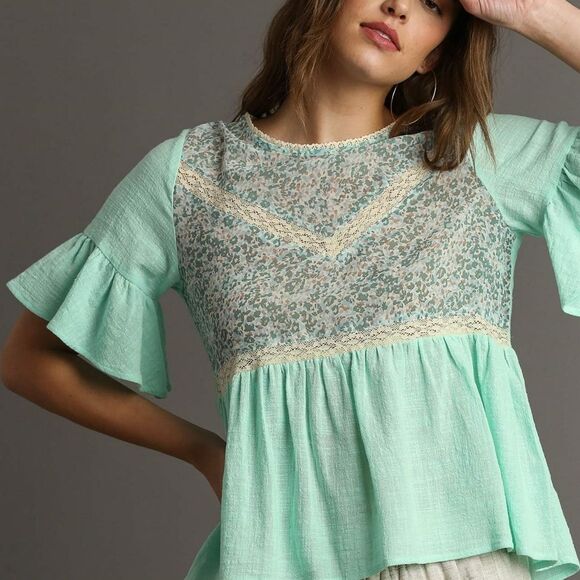 UMGEE USA Floral Lace Trimmed Detail Half Sleeve Babydoll Top - Picture 1 of 6